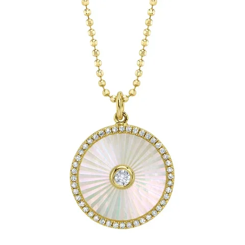 0.18CT DIAMOND & 1.37CT MOTHER OF PEARL BEZEL RIBBED CIRCLE FACETED BALL CHAIN NECKLACE