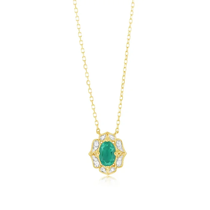 0.40 Carat Created Emerald Oval and Diamond Pendant in 9ct Yellow Gold