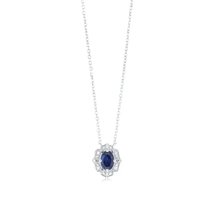 0.50 Carat Created Blue Sapphire Oval and Diamond Pendant with 45cm Chain in 9ct White Gold