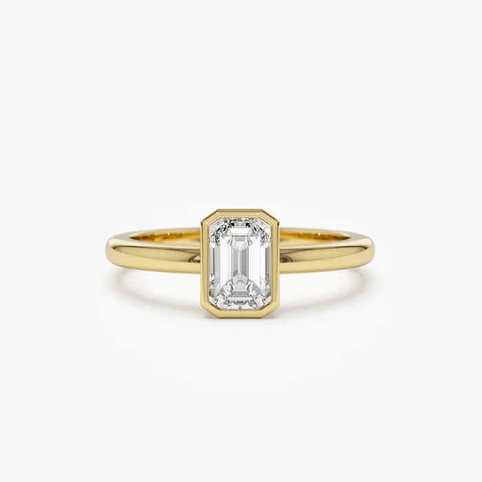 0.75 – 1.50 ctw 14k Bezel Setting Emerald Cut Lab Grown Diamond Engagement Ring – Anna