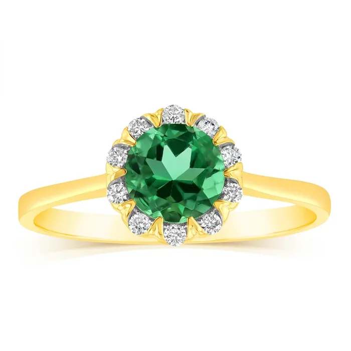 0.87 Carat Created Emerald and Diamond Ring in 9ct Yellow Gold