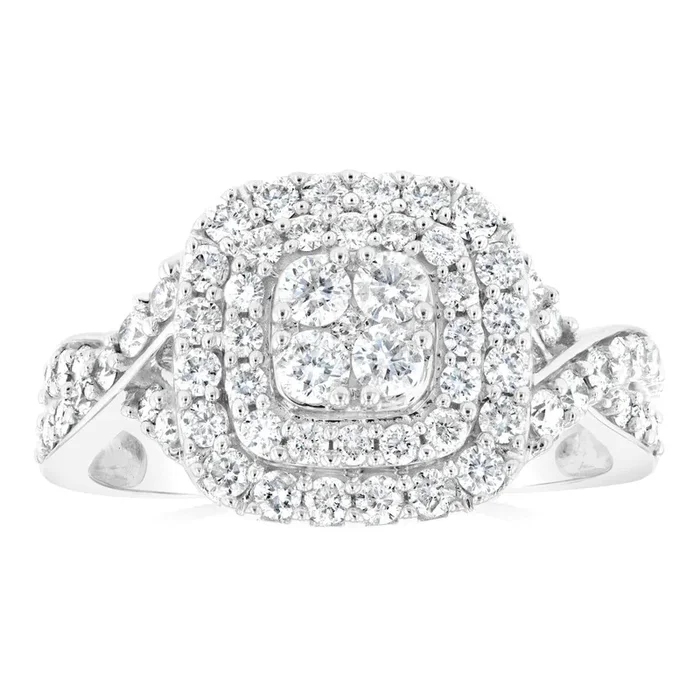 0.95 Carat Diamond Cluster Cushion Ring in 10ct White Gold