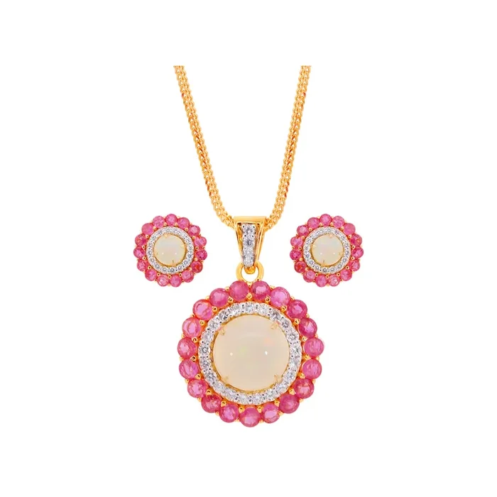 1.09Ct VS/GH Diamond Pendant Set With Opal & Pink Sapphire in 18K Gold