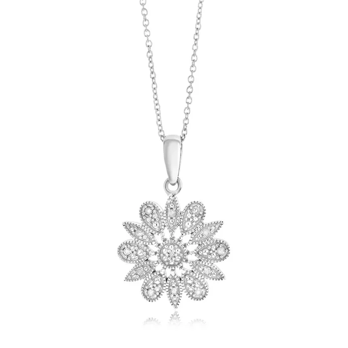 1/10 Carat Diamond Flower Pendant in Sterling Silver