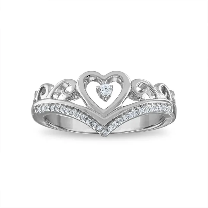 1/10 CTW Natural Diamond Heart Tiara Crown Ring in Rhodium Plated Sterling Silver
