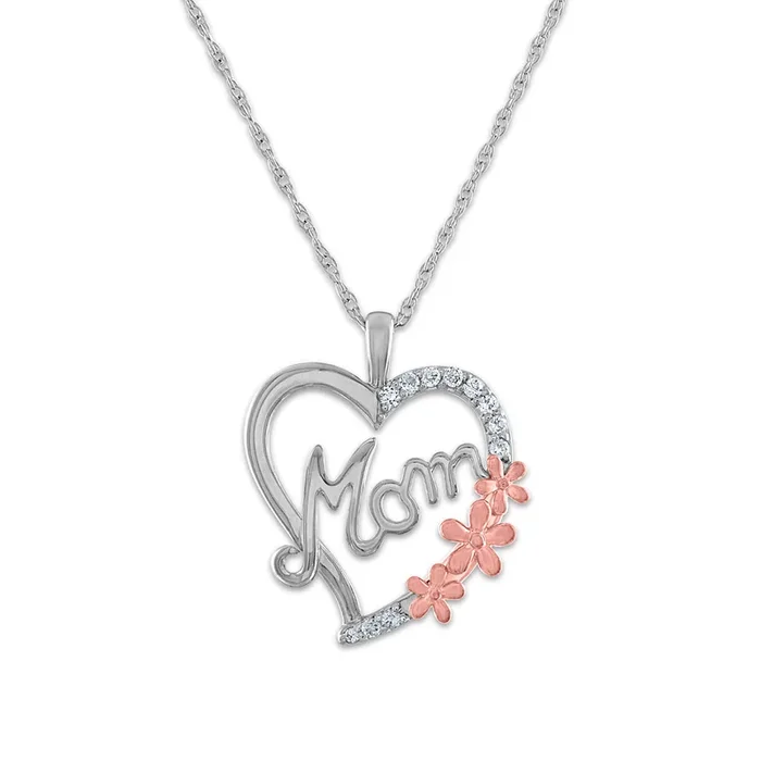 1/10 CTW Natural Diamond Mom Flower Heart 18-inch Pendant in Sterling Silver