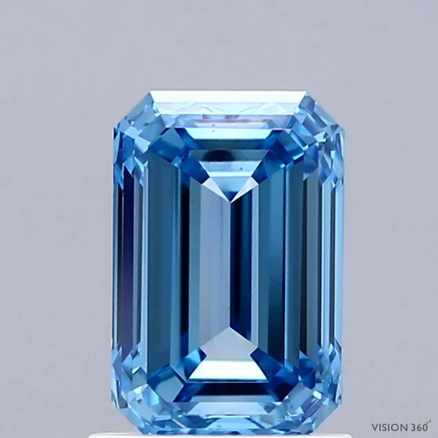 1.53 Carat Emerald Shaped, Ideal Cut, FANCY VIVID BLUE Color, VS1 Clarity, IGI Certified Lab Grown Diamond