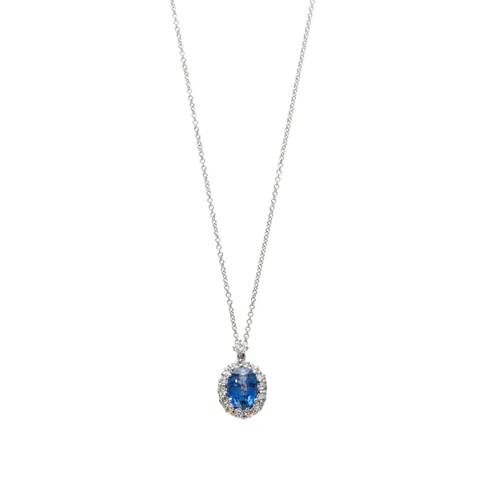 1.72ct Sapphire & Diamond Halo 18K White Gold Pendant Necklace