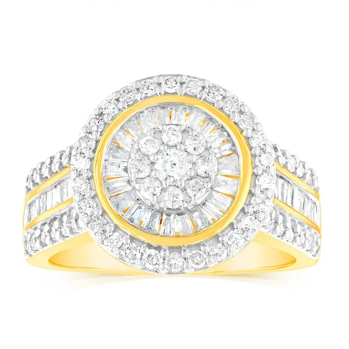 1 Carat Diamond Cluster Ring with Round Brilliant and Baguette Diamonds in 9ct Yellow Gold