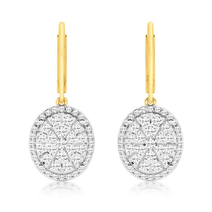 1 Carat Diamond Oval Shaped Drop Earrings in 9ct Yellow Gold & Sterling Silver