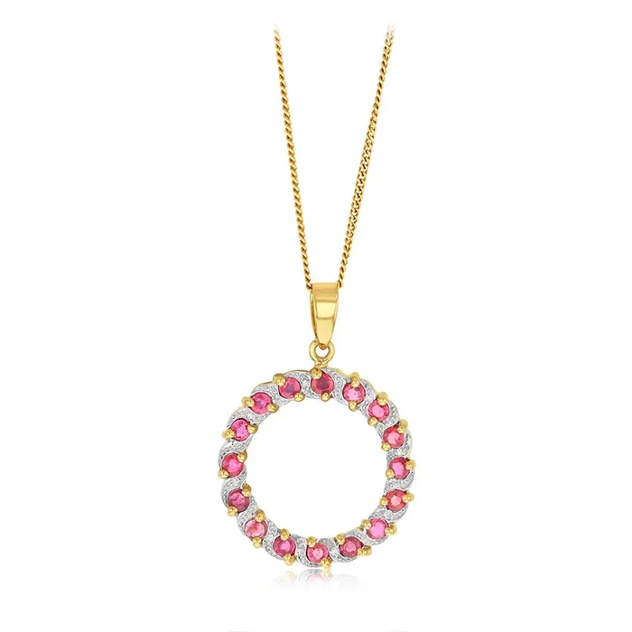 1 Carat Ruby and Diamond Circle Pendant in 9ct Yellow Gold