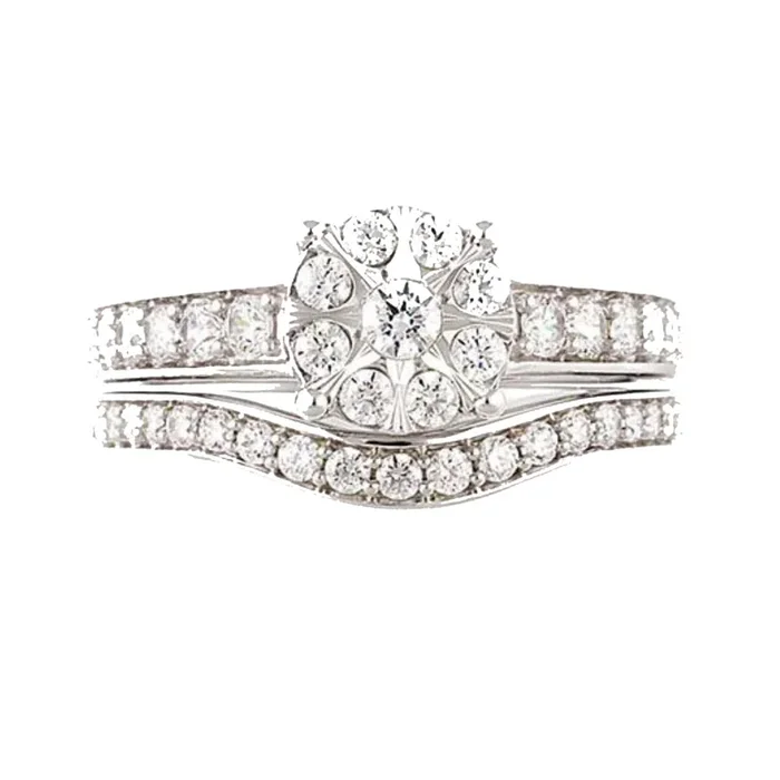 1 CTW Natural Diamond Cluster Bridal Set Ring in 10KT White Gold