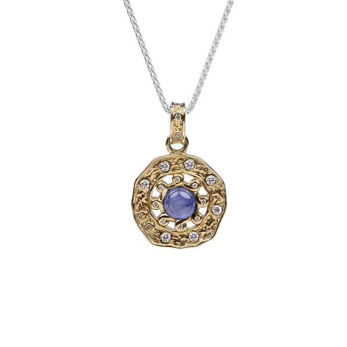 10k Gold Aphrodite Circle Spoke Pendant – 2.03ct Star Sapphire and Diamond