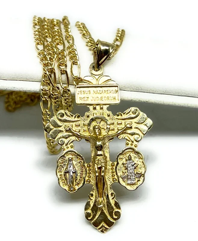 10k Solid Gold 2-Tone Jesus Crucifix Pendant Necklace With Virrgin Mary, Sann Bennito (5.2g)