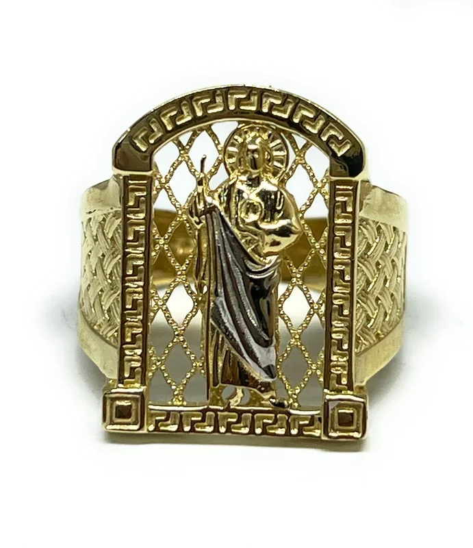 10k Solid Gold 2-TONE SAAN JUDAS SAAINT JUDE GREEK BORDER Ring (6.4g)