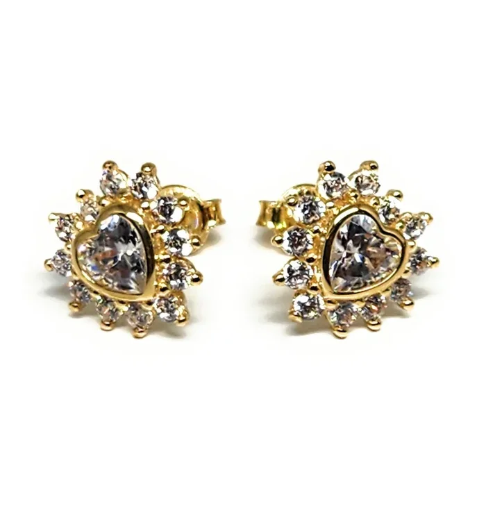 10k Solid Gold Cubic Zirconia Heart Mini Dainty Stud Earrings (FCE 15)