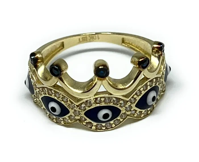10k Solid Gold Evil Eye CZ Crown Ring