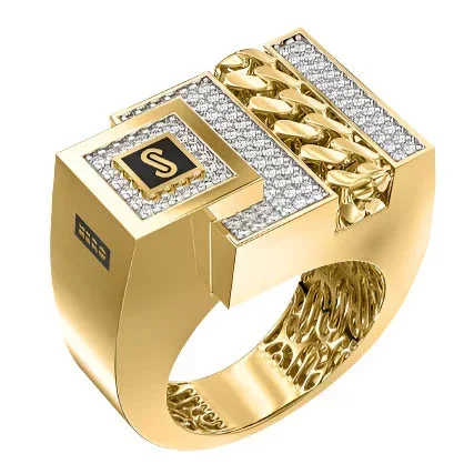 10k Solid Gold MONACO NERO CZ MENS SQUARE CUBAN LINK RING (NERO 15)