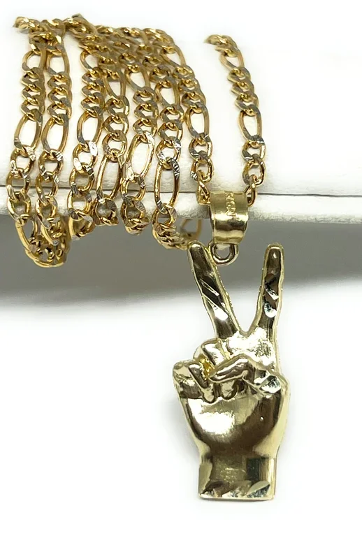 10k Solid Gold Peace Sign Hand Pendant Necklace