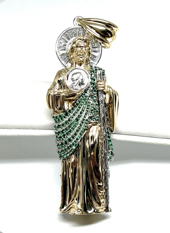 10k Solid Gold Saan Judas Saaint Jude 3D BIG XXL 3.5 INCH Pendant Green CZ FULL 3D Statue (FC) (35.6g)