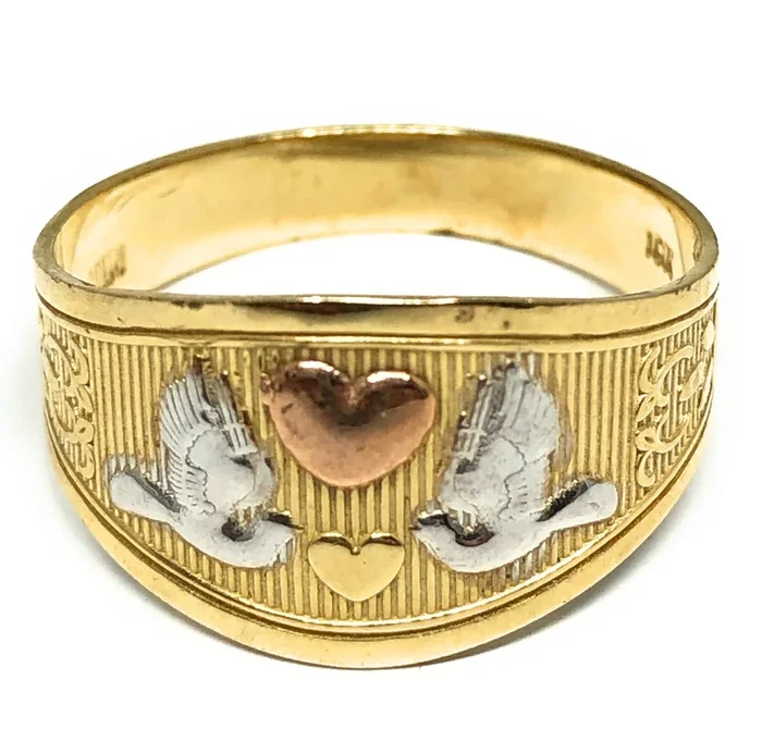 10k Solid Gold Tri-Color Birds & Hearts Ring