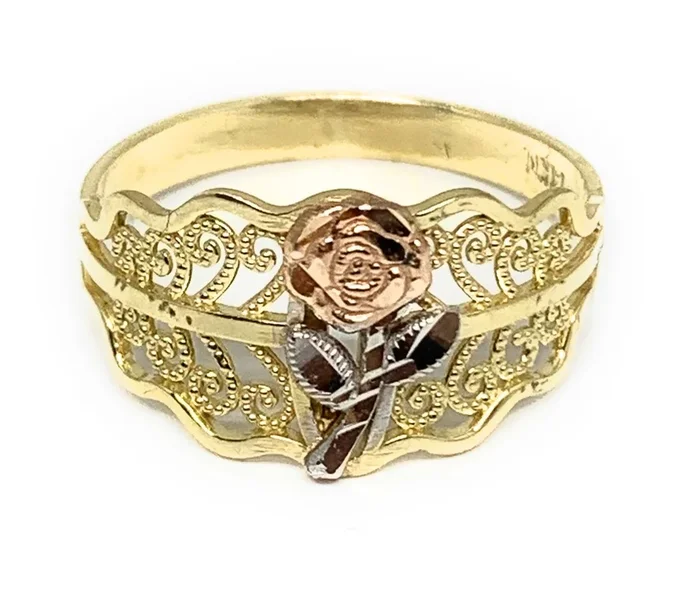 10k Solid Gold Tri-Color Filigran Flower Ring (FC 143)