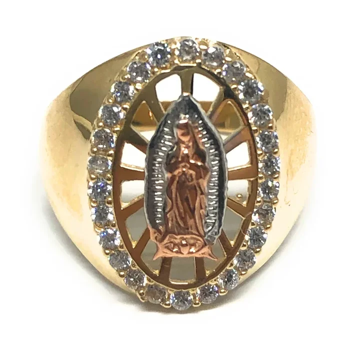 10k Solid Gold Tri-Color Gold Virrgin Mary CZ Ring