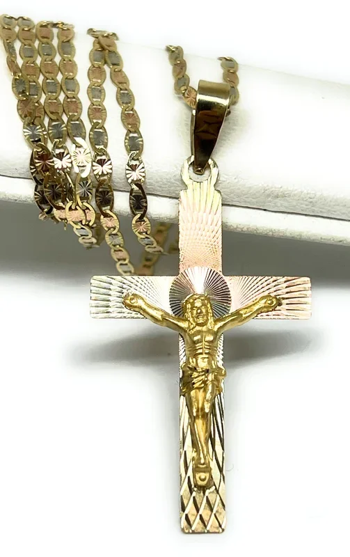 10k Solid Gold Tri-Color Laser Cut Classic Jesus Cross Pendant Necklace Crucifix Valentina Chain (MADE IN MX)
