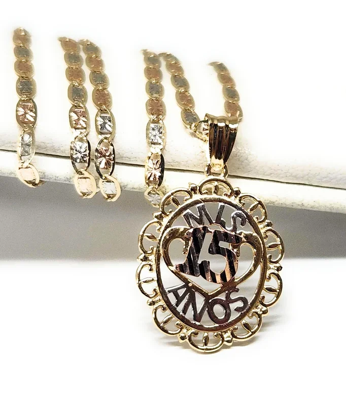 10k Solid Gold Tri-Color Mis 15 Años Pendant Necklace (FC)