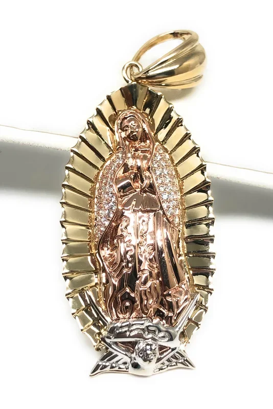 10k Solid Gold Tri-Color Virrgin Mary CZ BIG XL Pendant Virrgen Gaudalupe (12.3g) (FC)