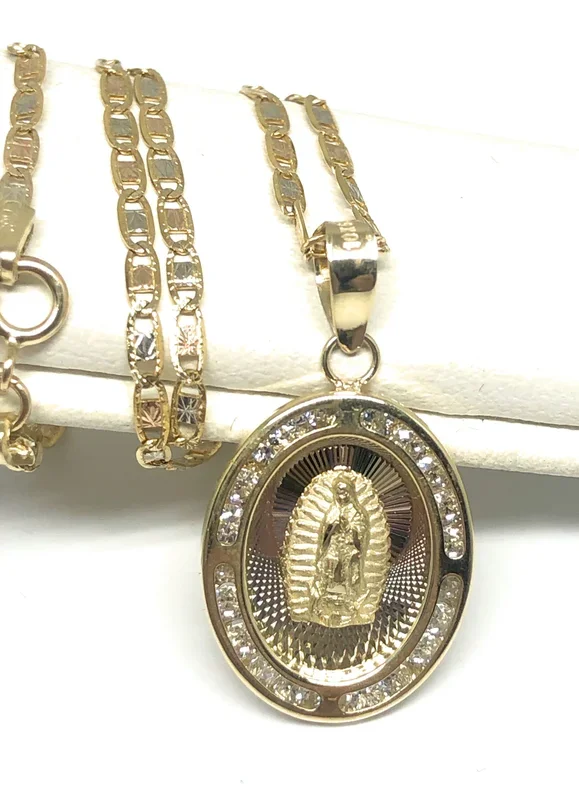 10k Solid Gold Tri-Color Virrgin Mary CZ Oval Pendant Necklace Virrgen Gaudalupe