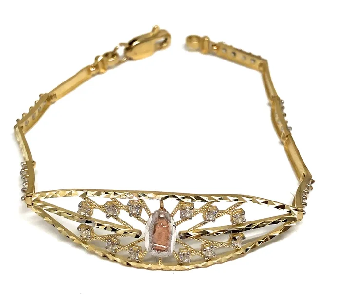 10k Solid Gold Tri-Color Virrgin Mary Filigran CZ Brracelet 7 inch Virrgen Guadalupe