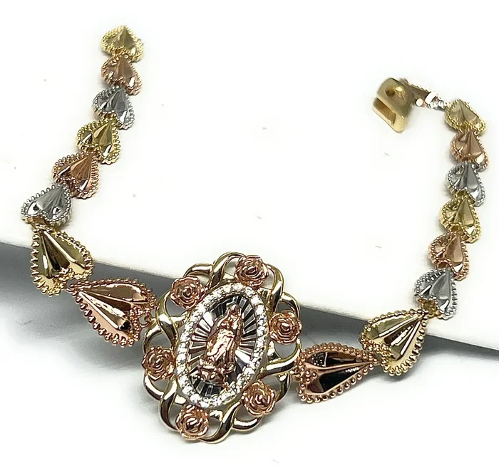 10k Solid Gold Tri-Color Virrgin Mary FLOWER Brracelet 7.5-8 inch Virrgen Guadalupe (FC)
