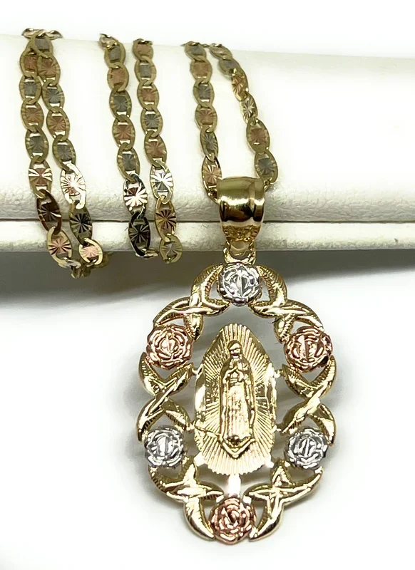 10k Solid Gold Tri-Color Virrgin Mary Flower Pendant Necklace Virrgen Gaudalupe Valentina Chain (FC)