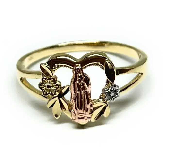 10k Solid Gold Tri-Color Virrgin Mary HEART Flower Ring (FC 248)