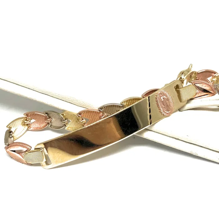 10k Solid Gold Tri-Color Virrgin Mary ID Brracelet 7.5 inch Virrgen Guadalupe (Free engraving)