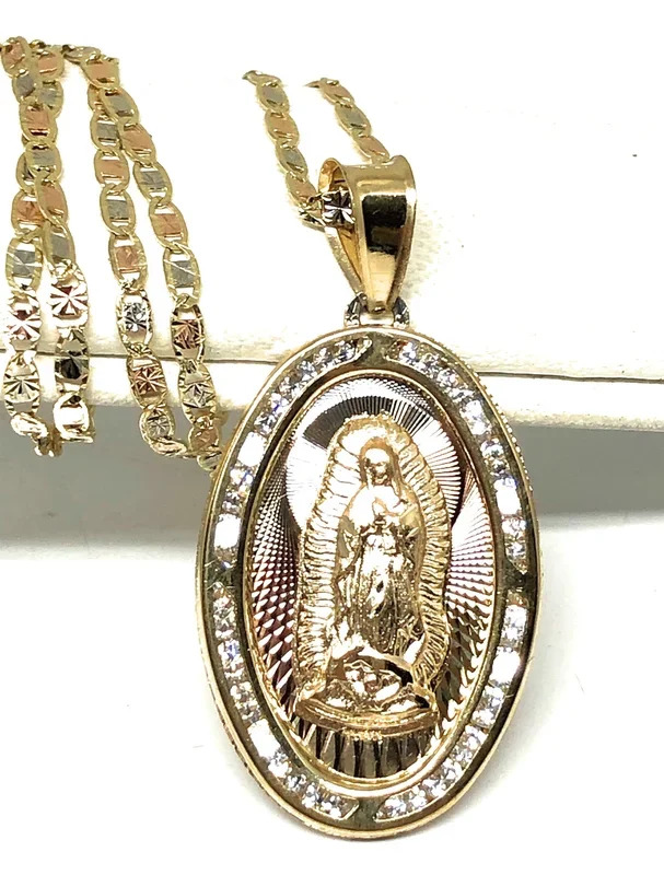 10k Solid Gold Tri-Color Virrgin Mary Oval Pendant Necklace W/ Cubic Zirconia Virrgen Gaudalupe Valentina Chain