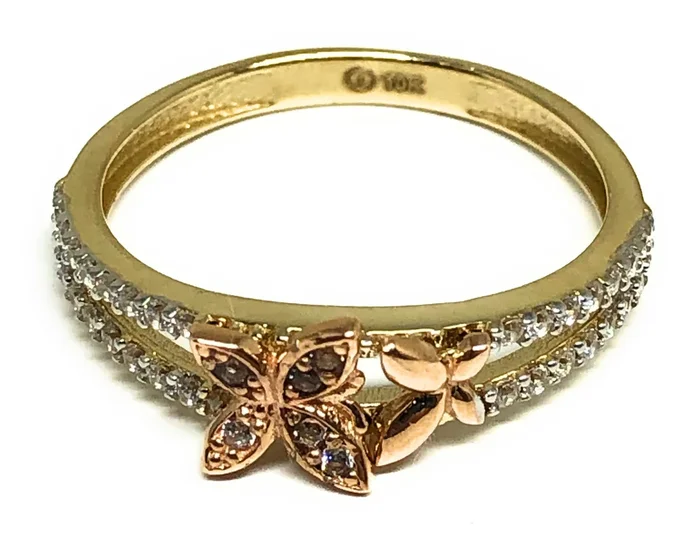 10k Solid Gold Yellow & Rose Gold CZ Flower Ring