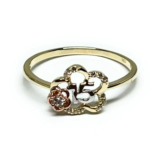 10k Solid Gold Yellow & Rose Gold FLOWER CZ Mis 15 Años Ring (FC 254)