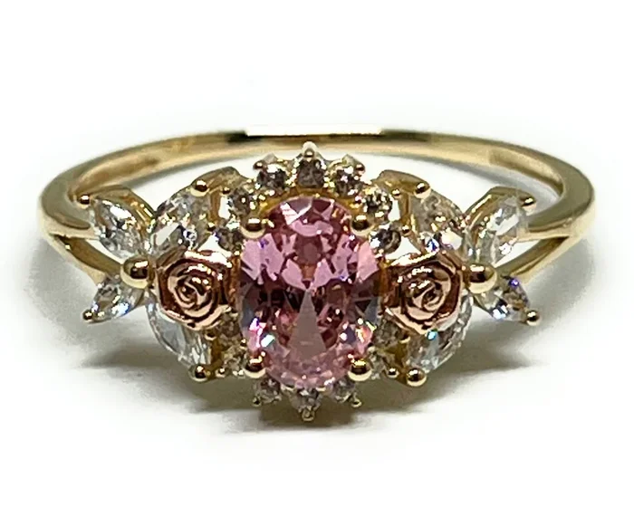 10k Solid Gold Yellow & Rose Gold PINK CZ Flower Ring (FC 303)