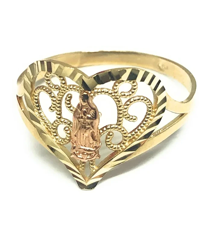 10k Solid Gold Yellow & Rose Virrgin Mary Filigran Heart Ring (FC 146)