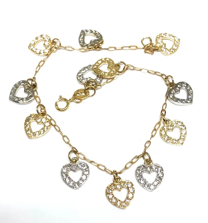 10k Solid Gold Yellow & White 2 Tone Heart Charms CZ Brracelet 7 inch Corazon