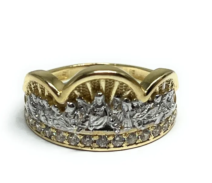 10k SOLID GOLD YELLOW & WHITE GOLD WIDE LAST SUPPER RING (6.1g)