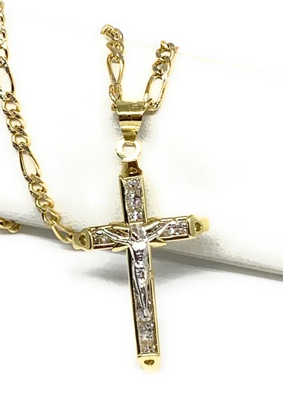 10k Solid Gold Yellow 2-Tone Jesus CZ Stone Cross Crucifix Pendant Necklace