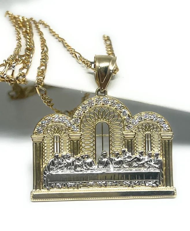 10k Solid Gold Yellow 2-Tone Jesus Last Supper CZ Pendant Necklace (LG,XL)
