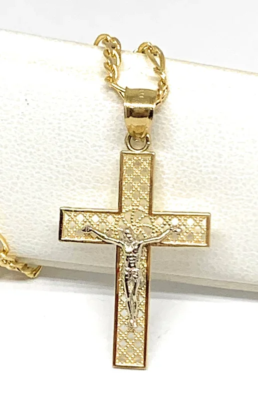 10k Solid Gold Yellow 2-Tone Jesus Layered Design SMALL Cross Crucifix Pendant Necklace