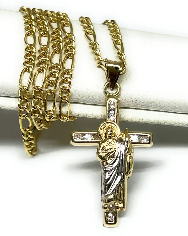 10k Solid Gold Yellow 2-Tone Saan Judas Saaint Jude CROSS Pendant Figaro Chain
