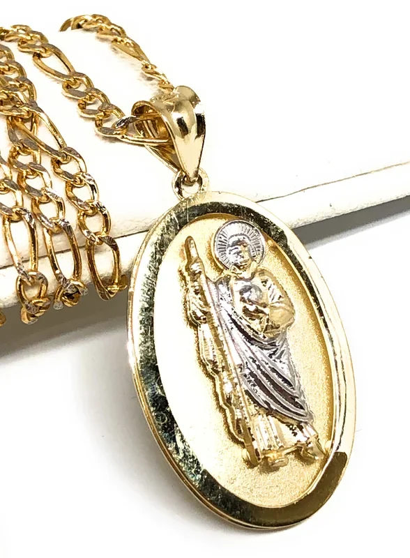 10k Solid Gold Yellow 2-Tone Saan Judas Saaint Jude Oval Pendant Figaro Chain