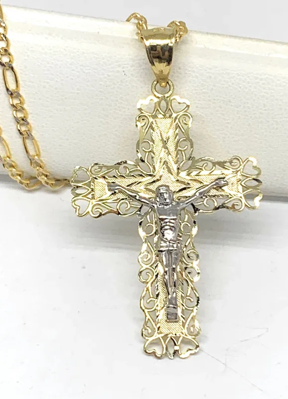 10k Solid Gold Yellow Classic 2-Tone Jesus Cross Filigran Crucifix Pendant Necklace