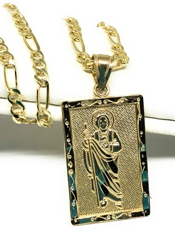 10k Solid Gold Yellow Classic Saan Judas Saaint Jude Square Pendant with Figaro Chain (MED, SM)